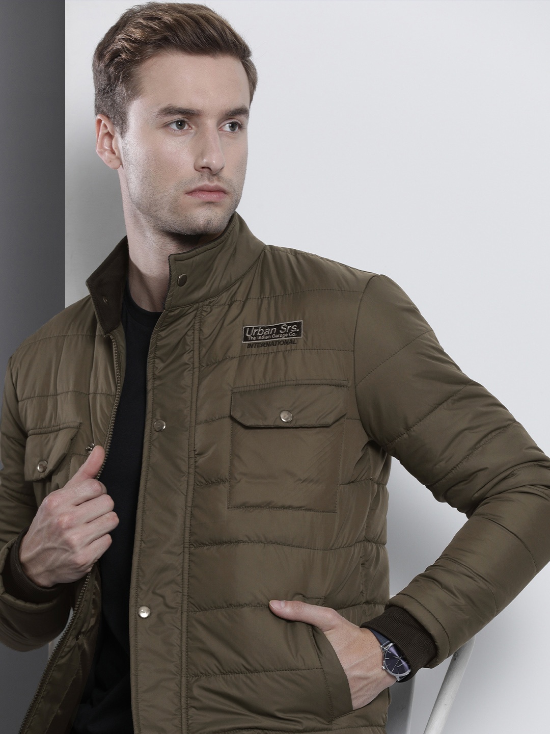 

The Indian Garage Co Men Zip-Front Puffer Jacket with Flap-Button Pockets, Olive