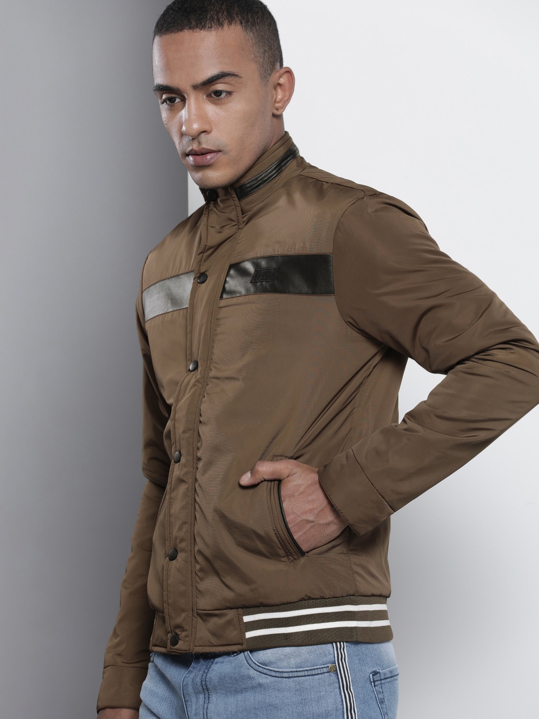 

The Indian Garage Co Men Slim Fit Bomber Jacket with Insert Pockets, Brown