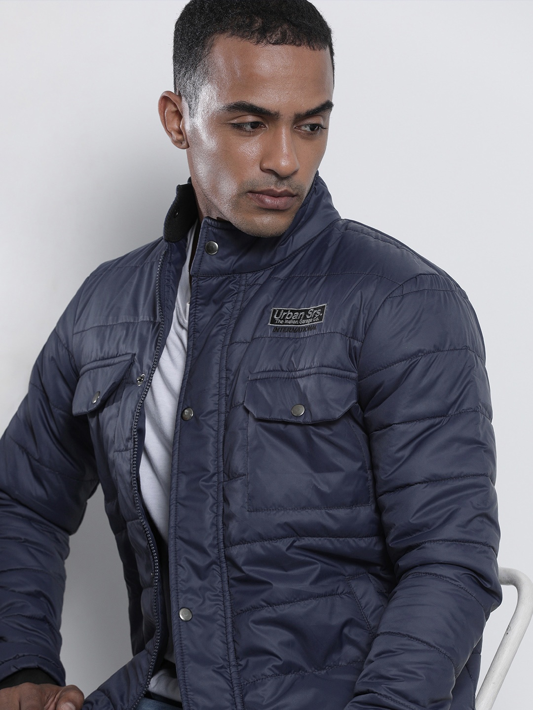 

The Indian Garage Co Men Navy Blue Solid Padded Jacket