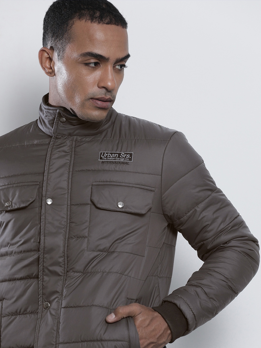 

The Indian Garage Co Men Charcoal Grey Solid Padded Jacket