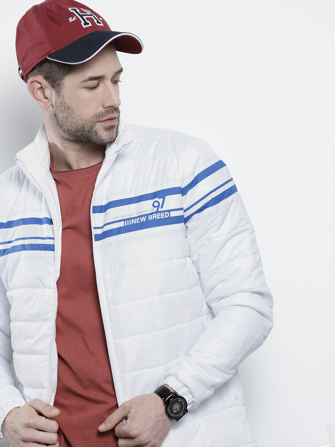 

The Indian Garage Co Men Zip-Front Slim Fit Bomber Jacket, White