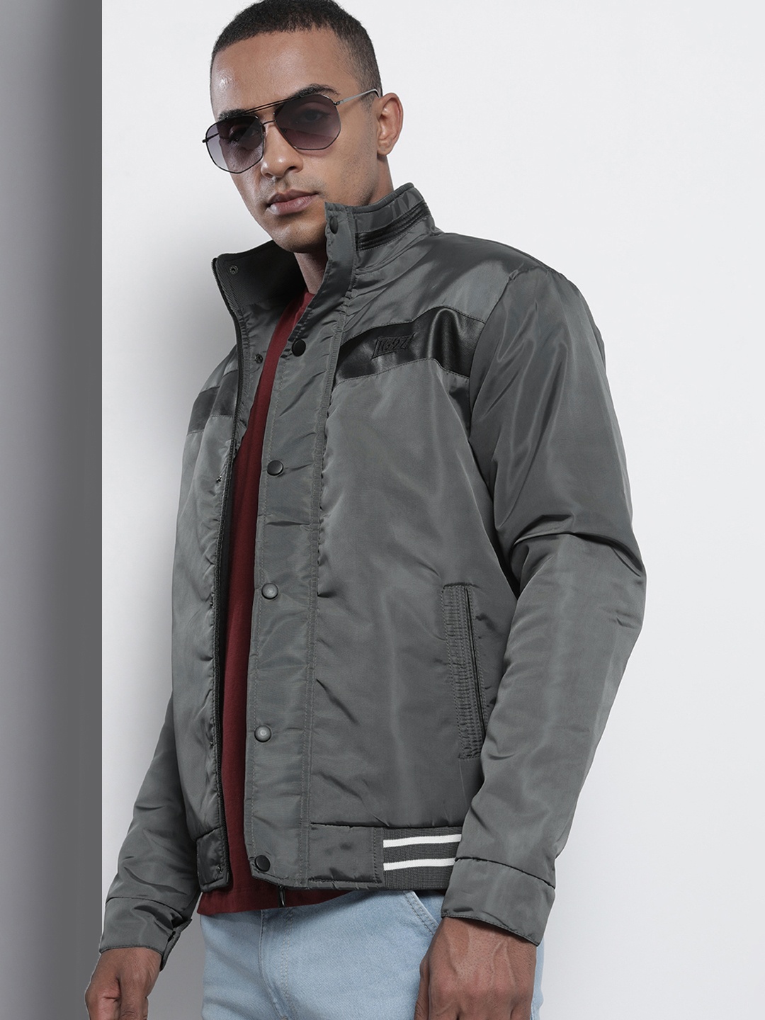 

The Indian Garage Co Men Slim Fit Bomber Jacket with Insert Pockets, Grey