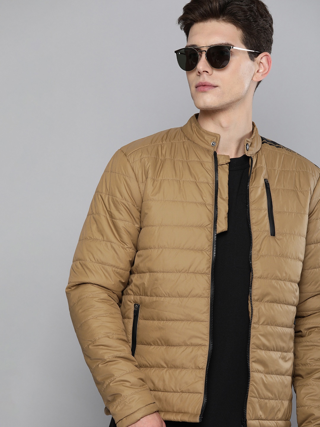 

The Indian Garage Co Men Zip-Front Puffer Jacket with Zipper Pockets, Khaki