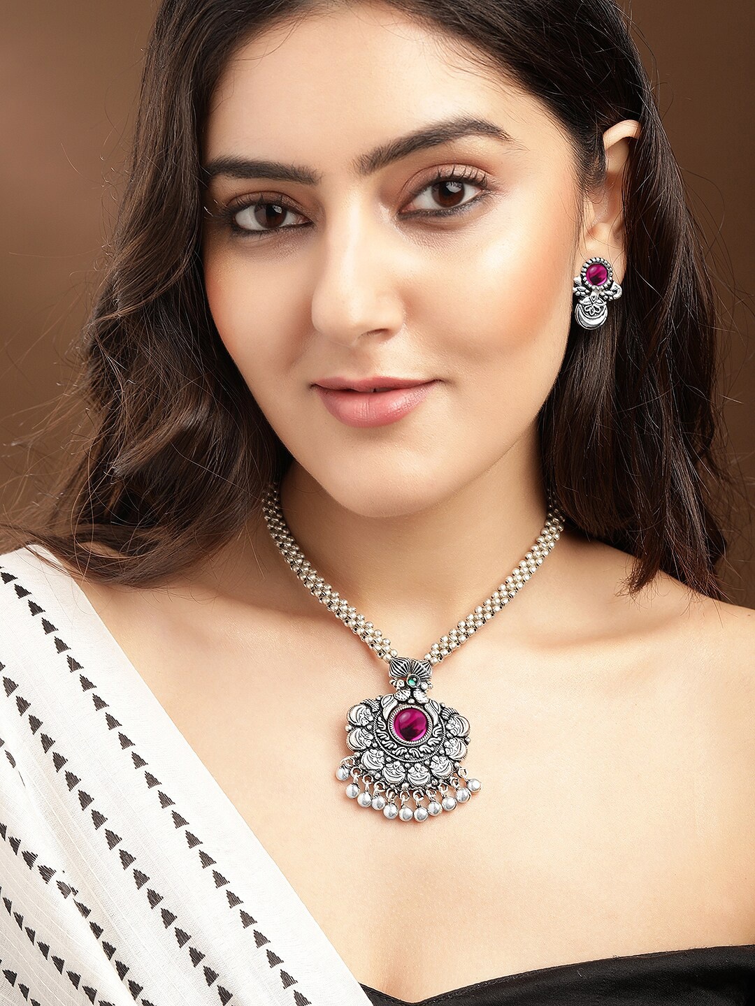 

Rubans Oxidised Green & Pink Stone-Studded & Beaded Handcrafted Jewellery Set, Silver