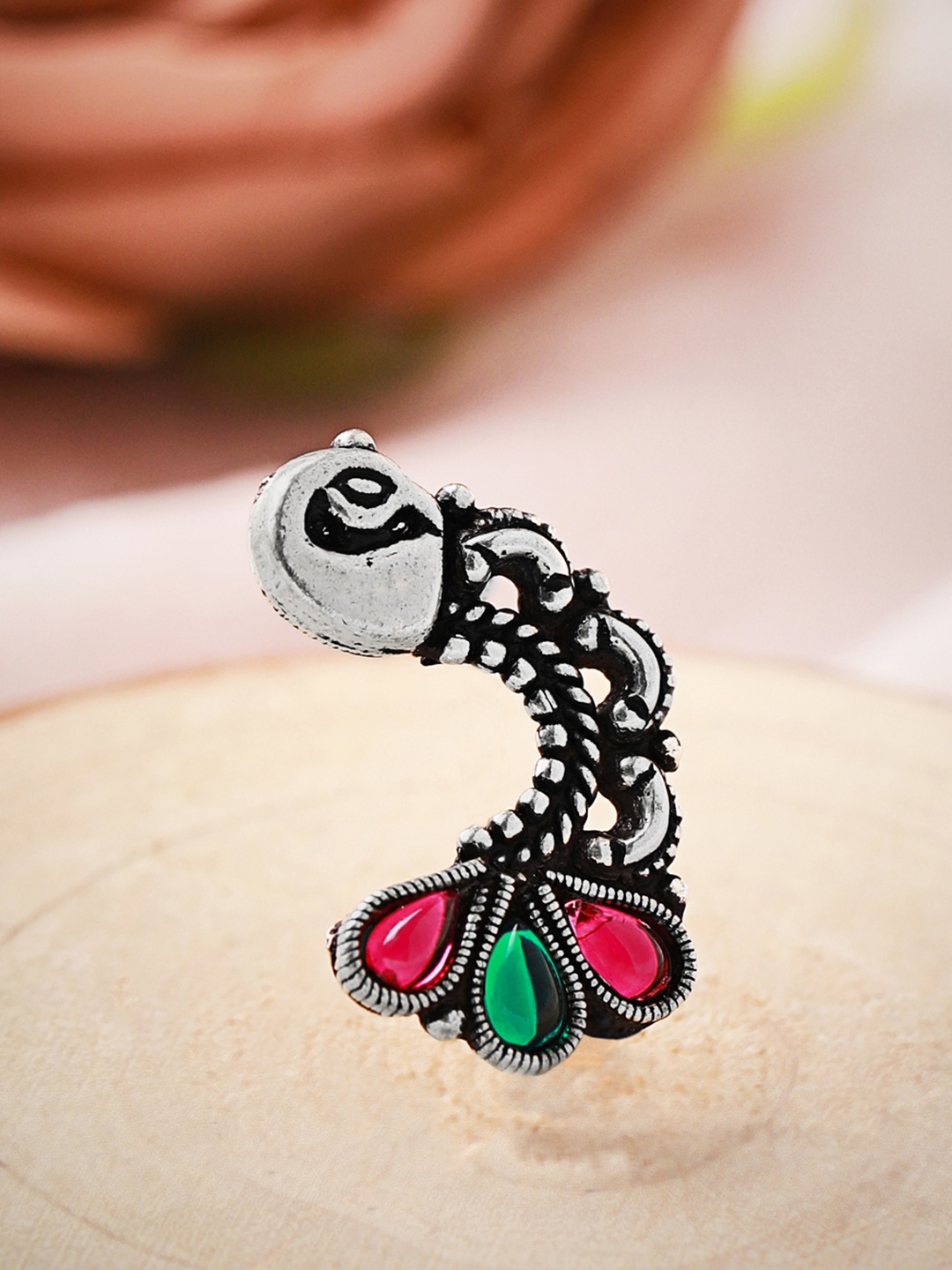 

Rubans Oxidised Silver-Plated Pink & Green Peacock Stone-Studded Nosepin