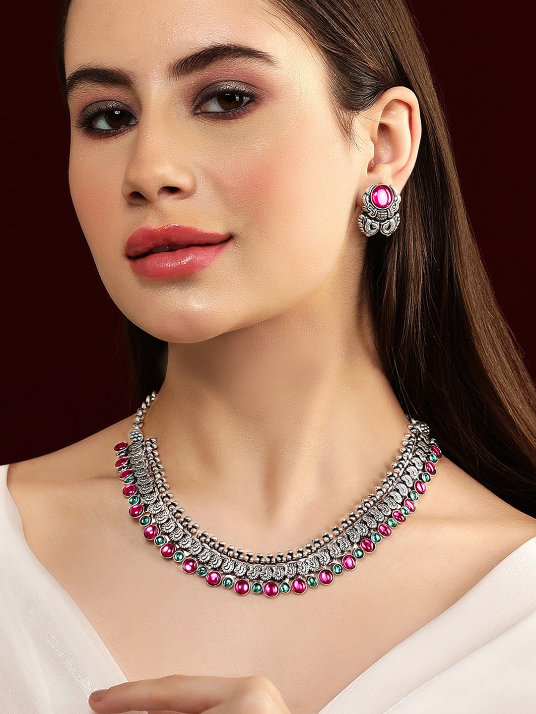 

Rubans Oxidised Silver-Plated Pink & Green Stone-Studded Handcrafted Jewellery Set