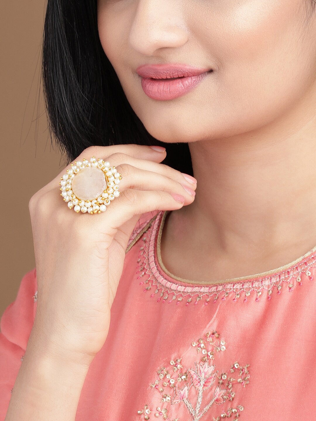 

Rubans Gold-Plated Off-White Crystal-Studded & Pearl Beaded Handcrafted Finger Ring