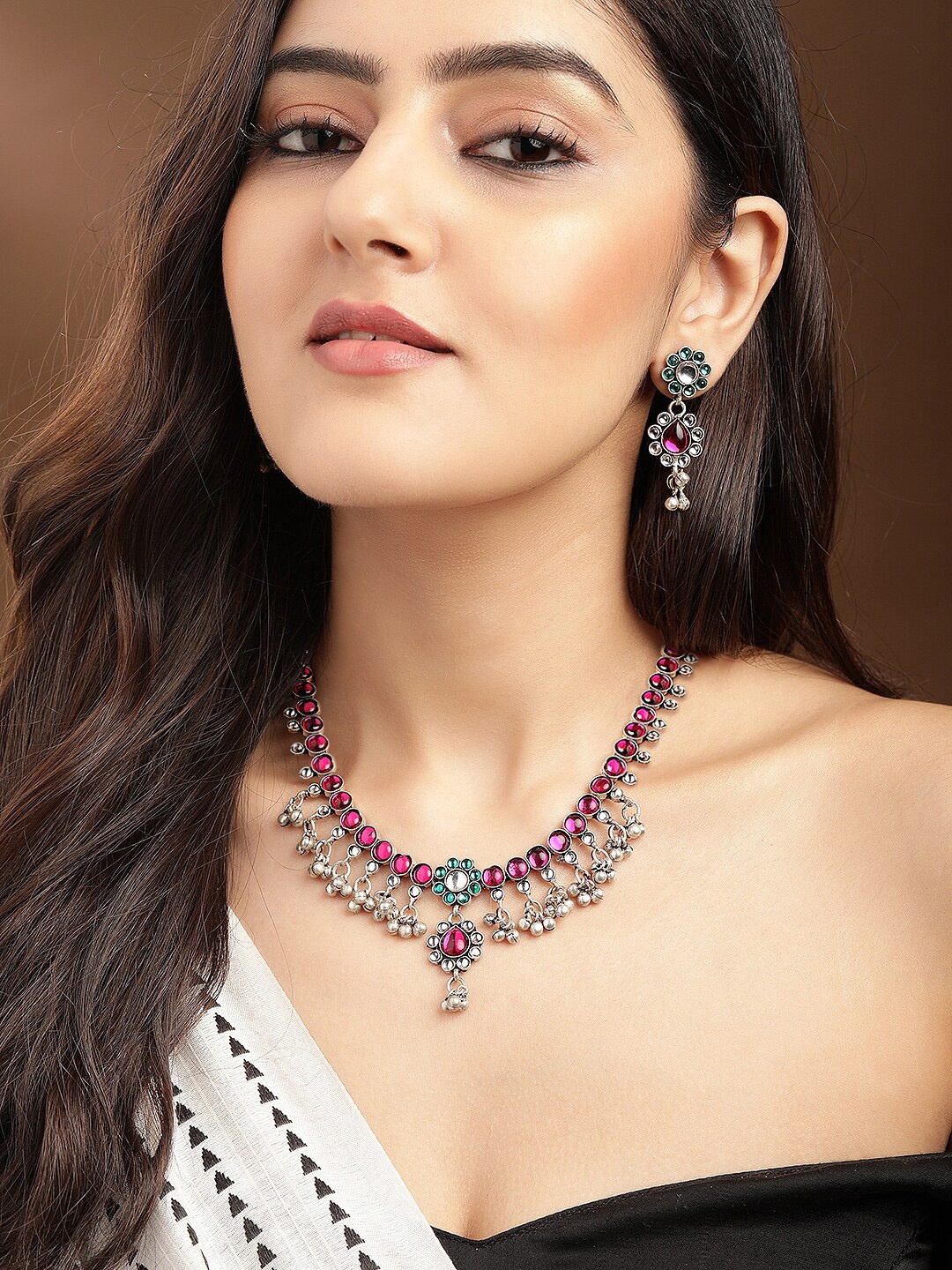 

Rubans Oxidised Silver-Plated Pink & Green Stone-Studded Handcrafted Jewelley Set