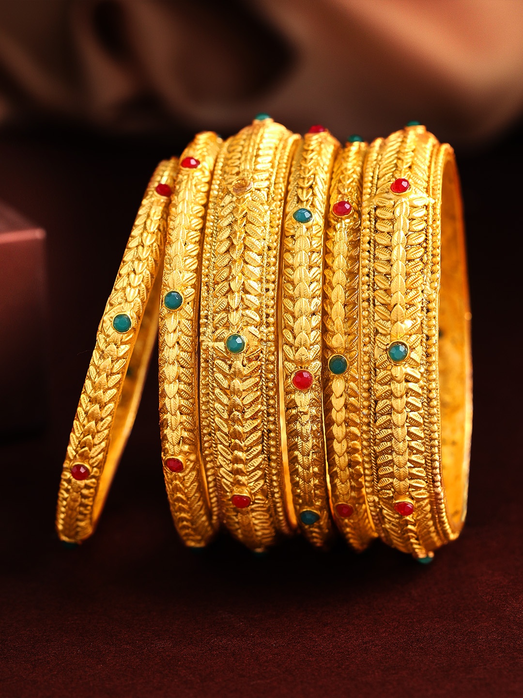 

Rubans Set Of 6 24K Gold-Plated Red & Green Stone-Studded Handcrafted Bangles