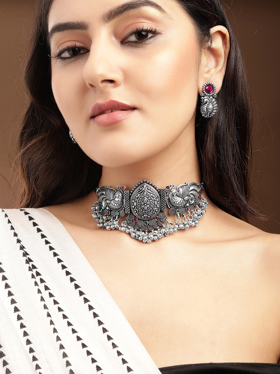 

Rubans Oxidised Silver-Plated Pink & Green Stone-Studded Peacock Jewellery Set