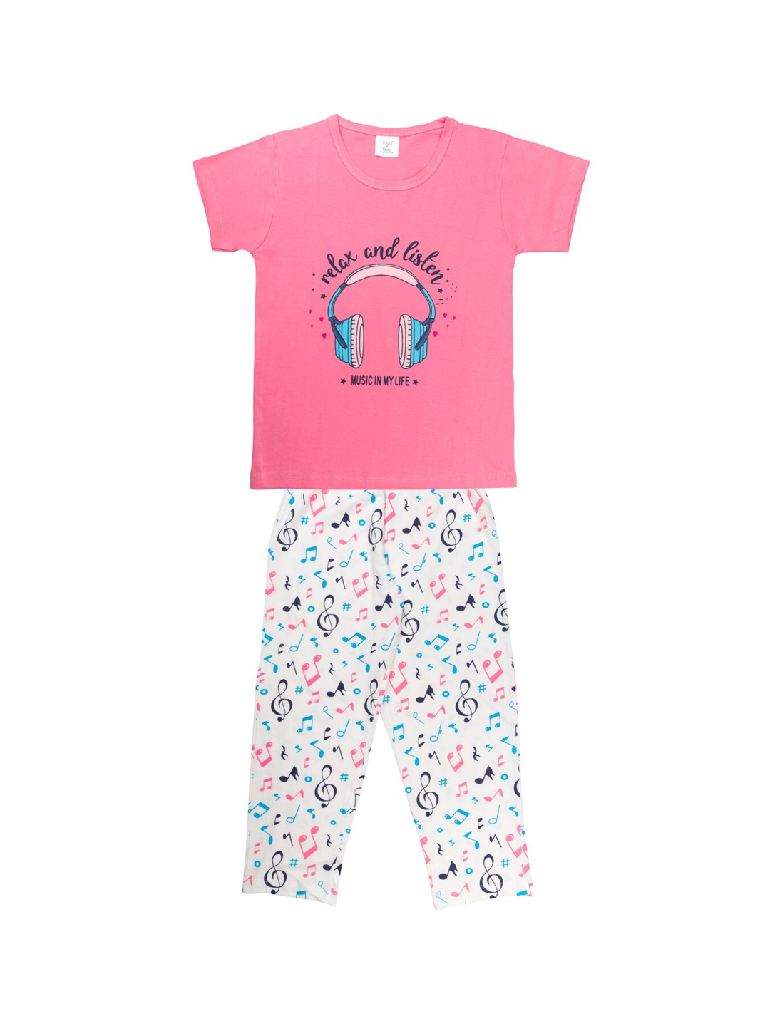 

Todd N Teen Girls Pink & White Graphic Printed Pure Cotton Night Suit