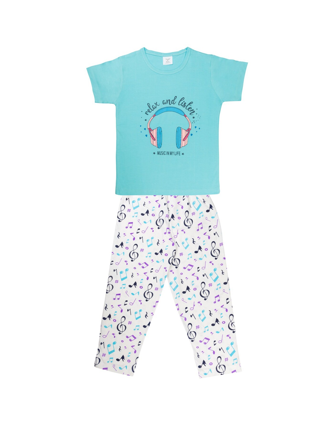 

Todd N Teen Girls Sea Green & White Printed T-Shirt & Pyjama Night Suit