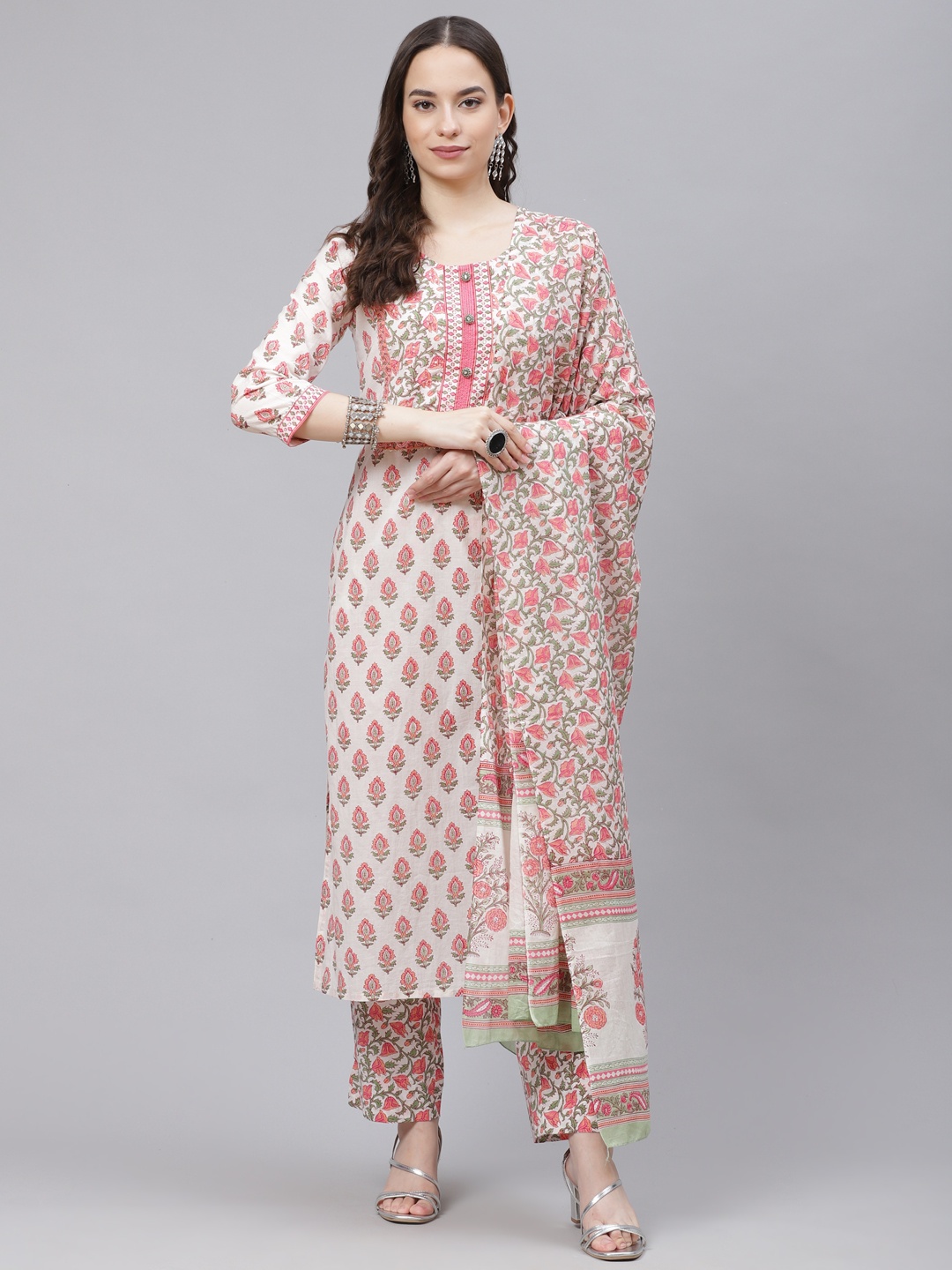 

AHIKA Women White & Peach-Coloured Printed Cotton Kurta with Trousers & Dupatta