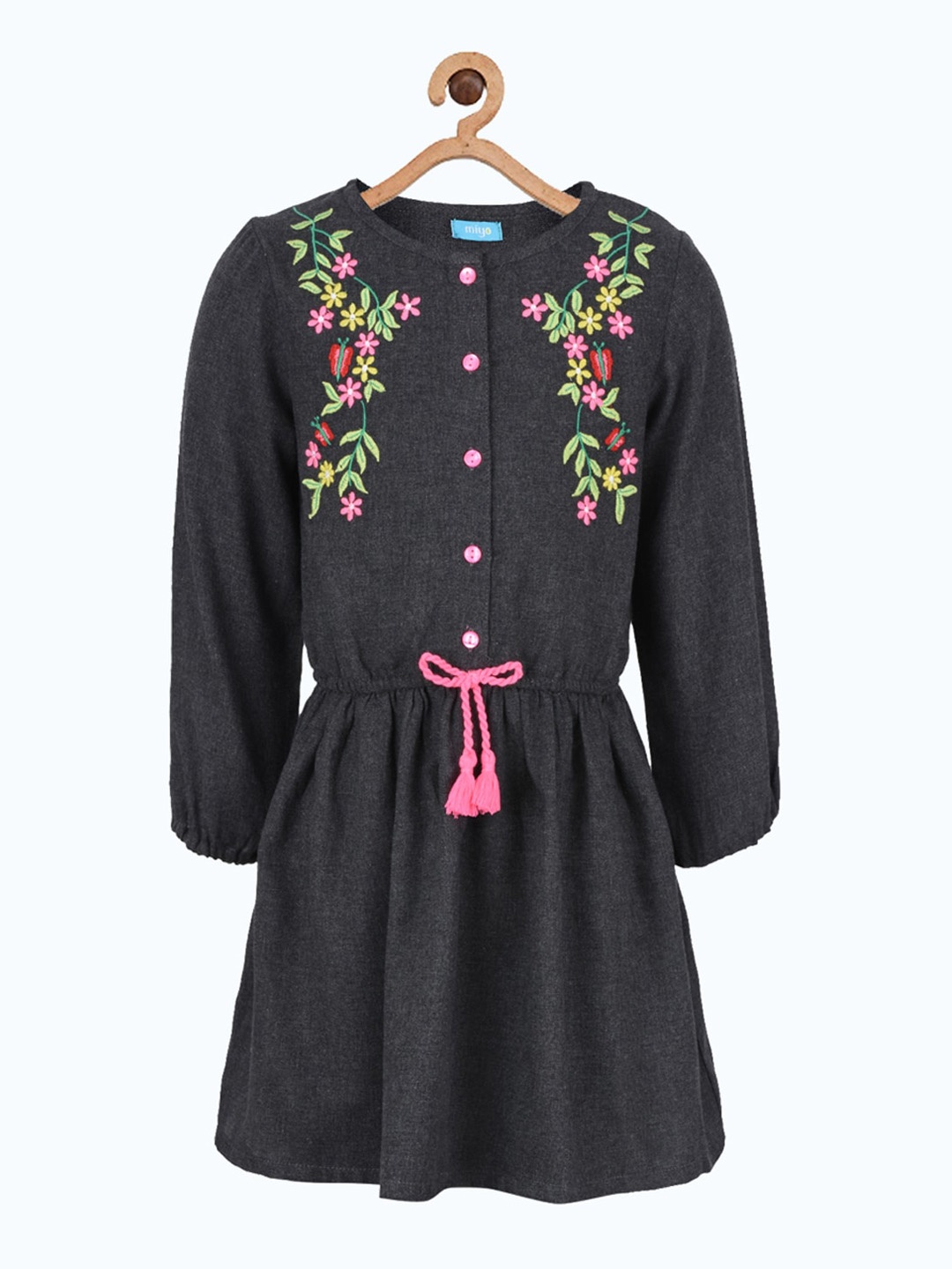 

Miyo Girls Charcoal & Pink Floral Embroidered Drop-Waist Dress