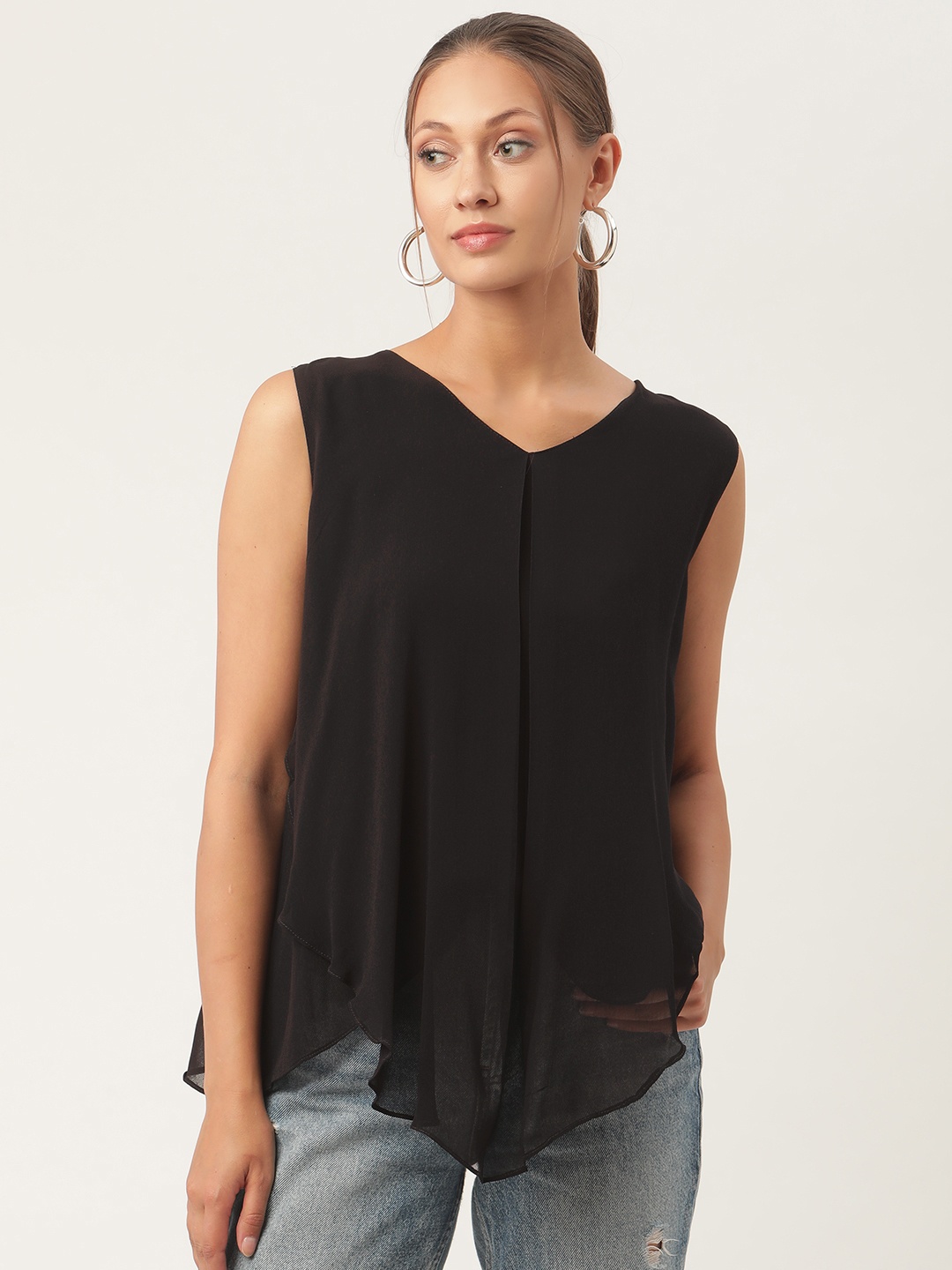 

urSense Black Georgette Regular V-Neck Top