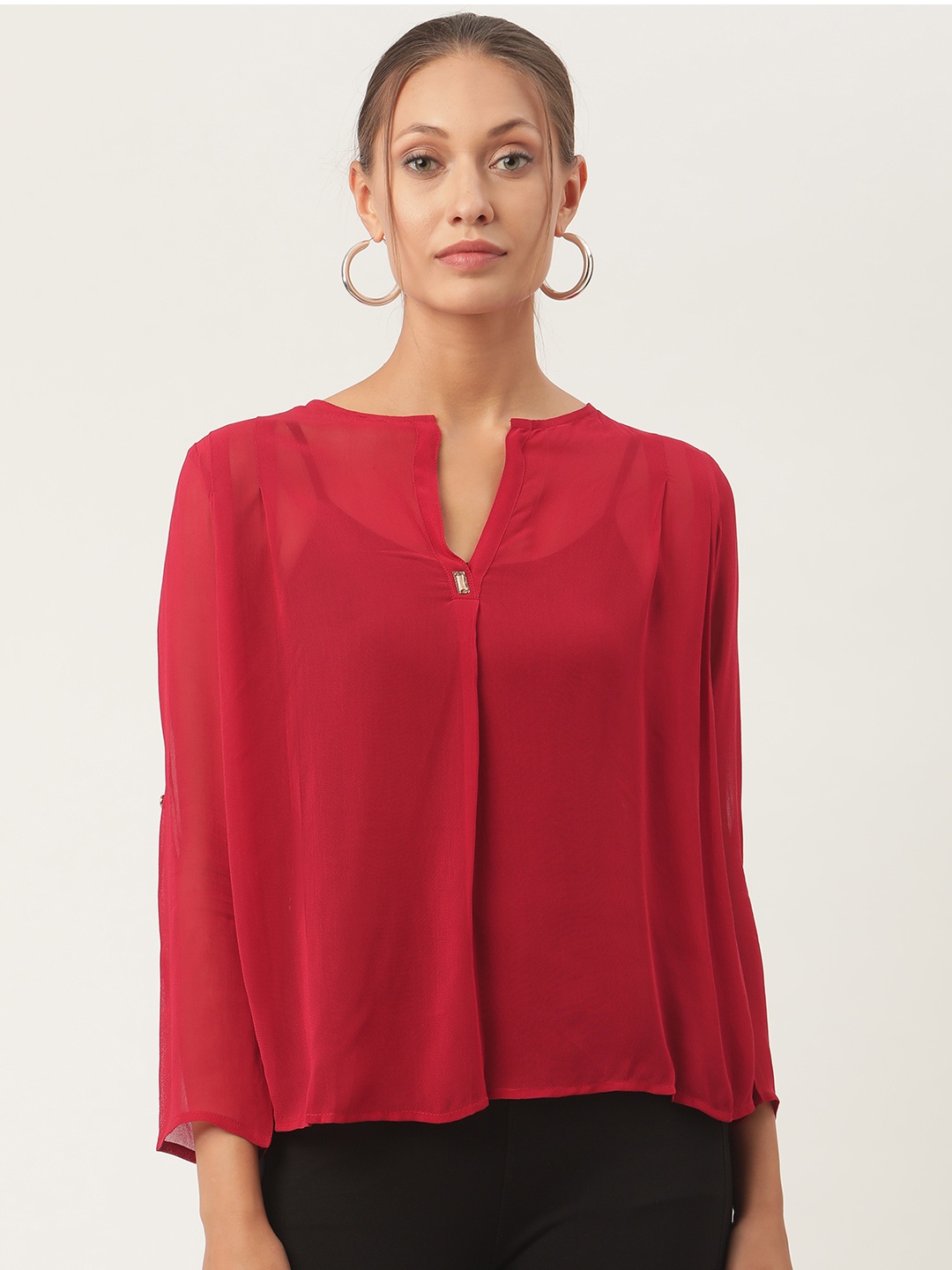 

urSense Red Georgette V-Neck Blouson Top