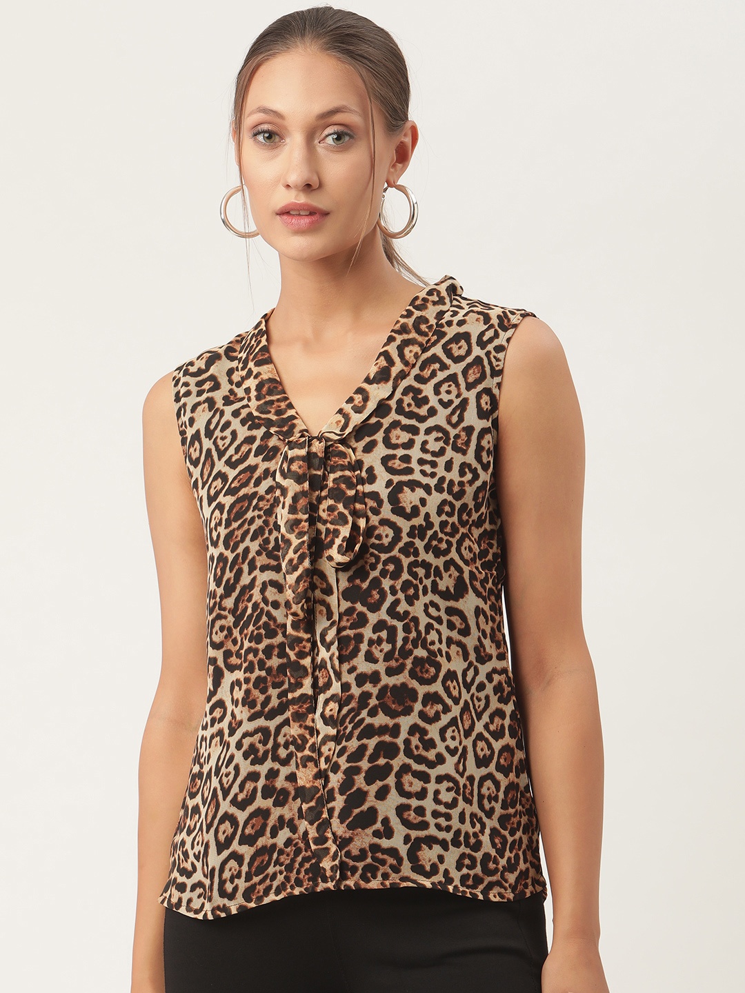 

urSense Brown & Beige Animal Tie-Up Neck Georgette Blouson Top