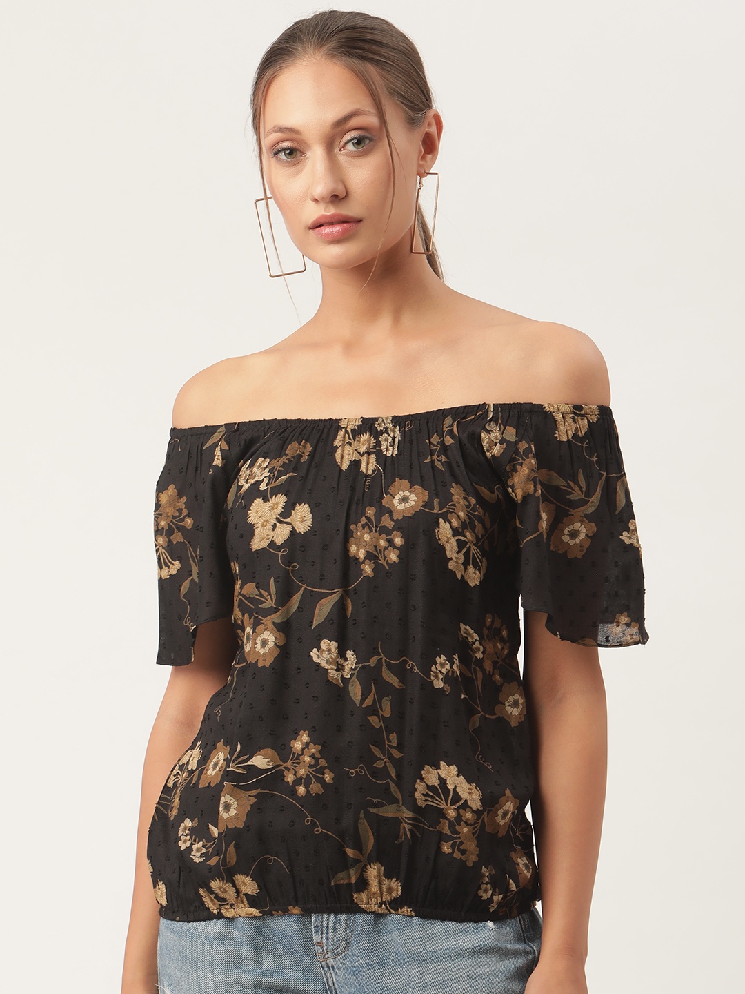 

urSense Black Floral Off-Shoulder Regular Top