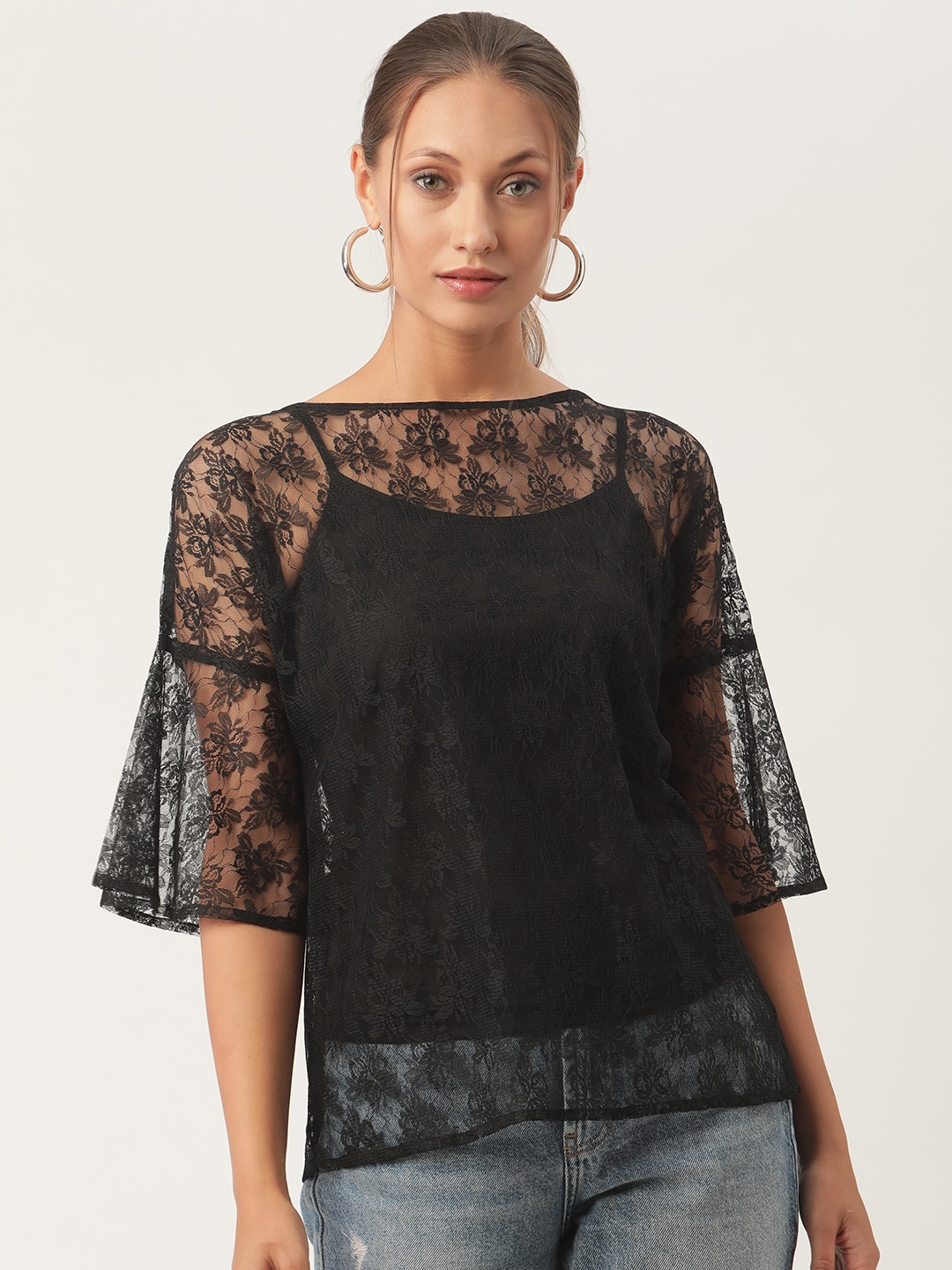 

urSense Black Floral Sheer Lace Blouson Top