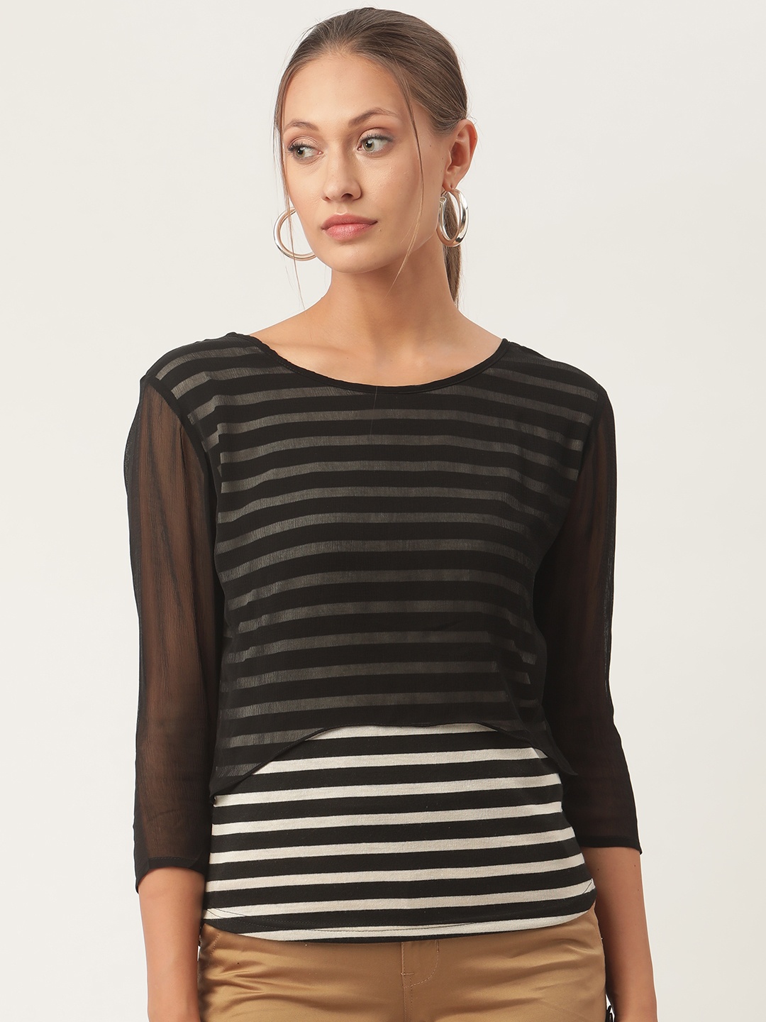 

urSense White & Black Striped Layered Georgette Regular Top