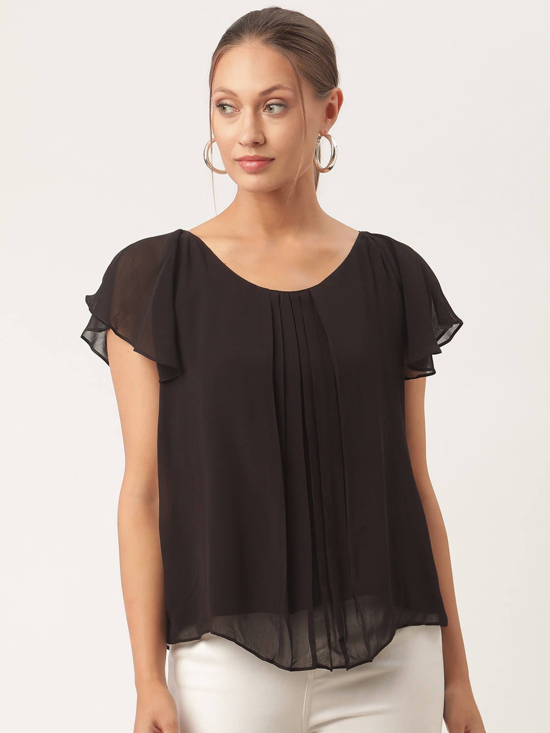 

urSense Black Georgette Blouson Top with Flared Sleeves
