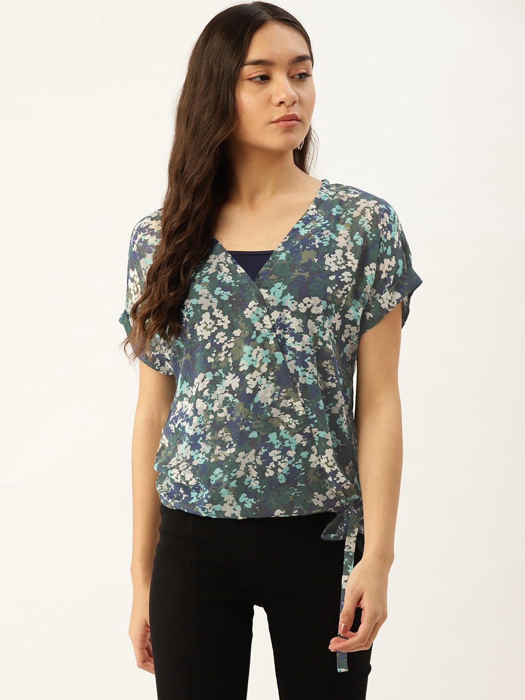 

urSense Green & Sea Green Floral Georgette Wrap Top