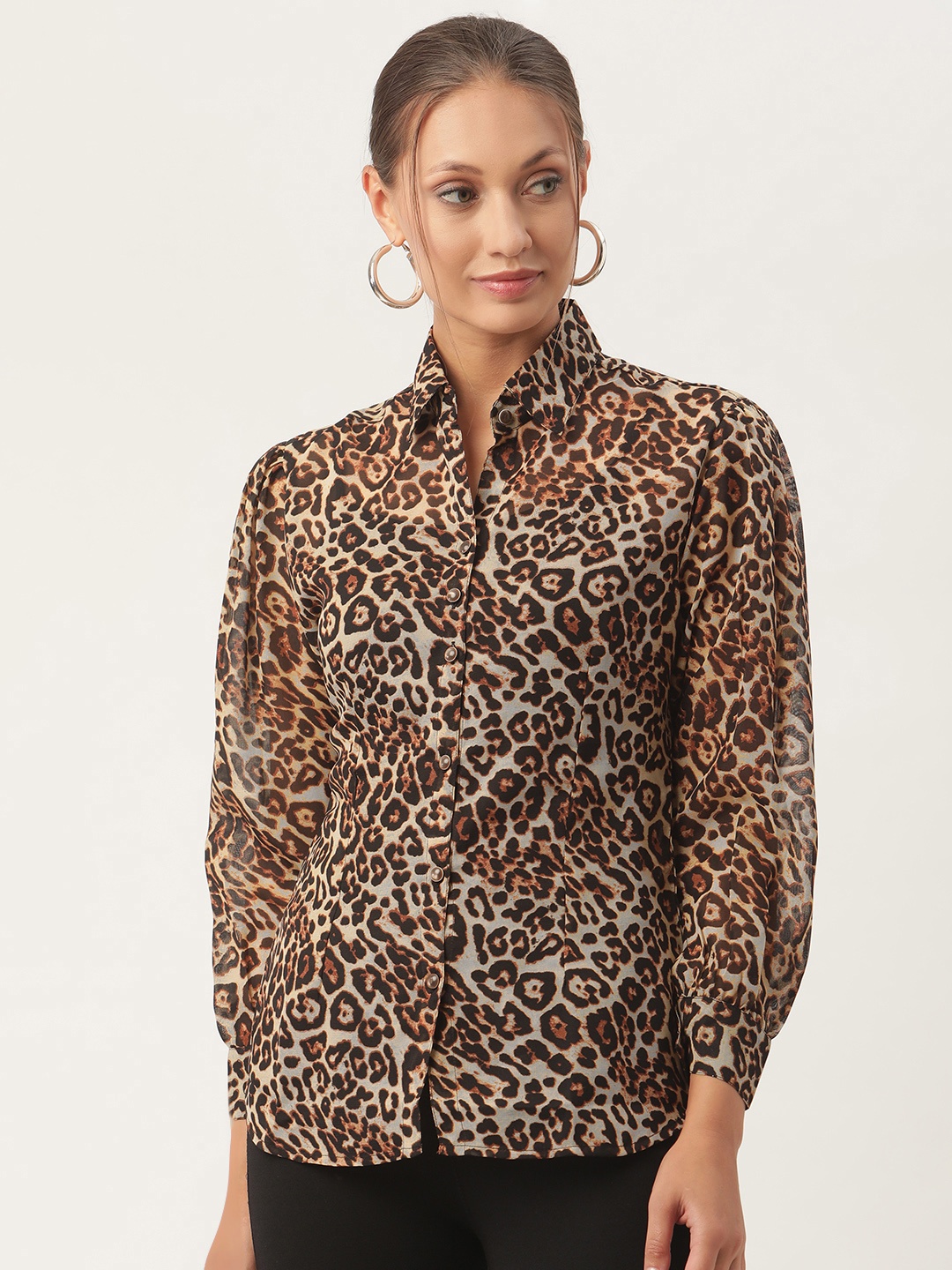 

urSense Women Brown Animal Semi Sheer Printed Casual Shirt