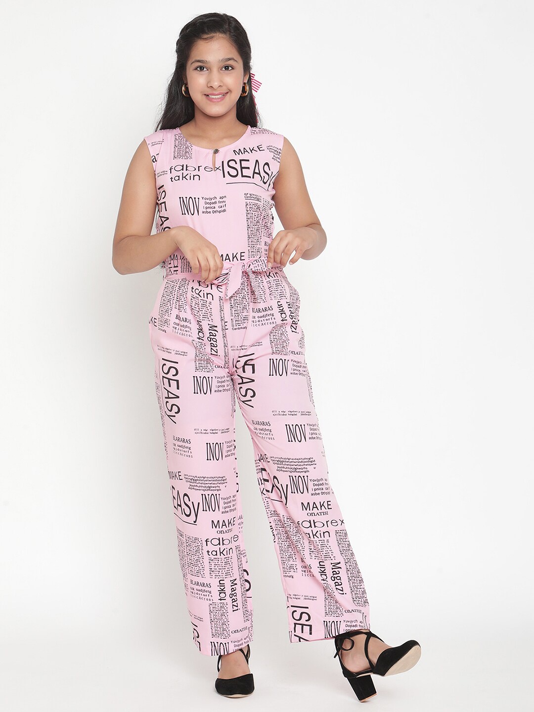 

Stuffie Land Girls Pink & Black Printed Basic Jumpsuit