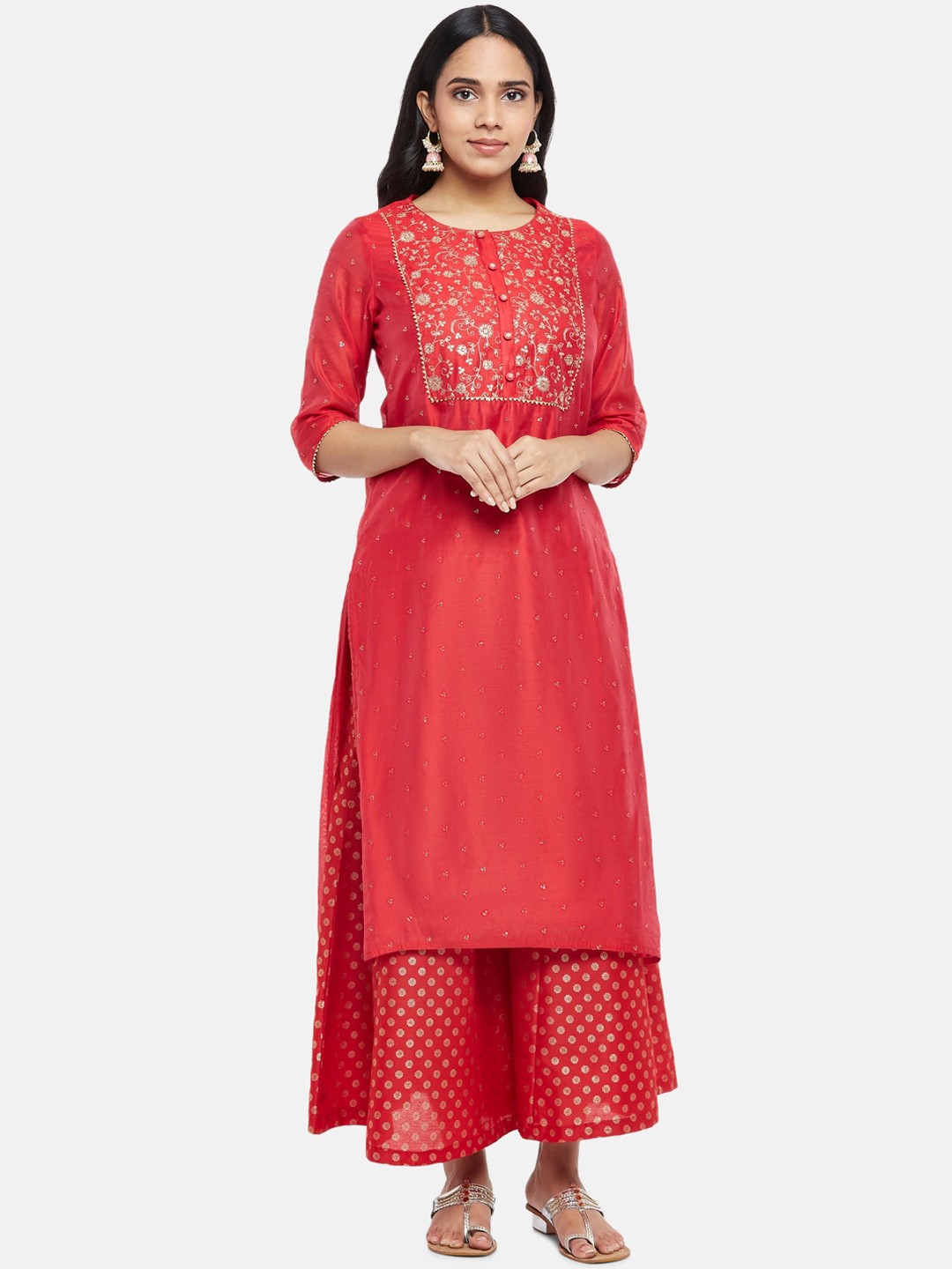 

RANGMANCH BY PANTALOONS Women Red & Silver Yoke Design Regular Kurti with Palazzos