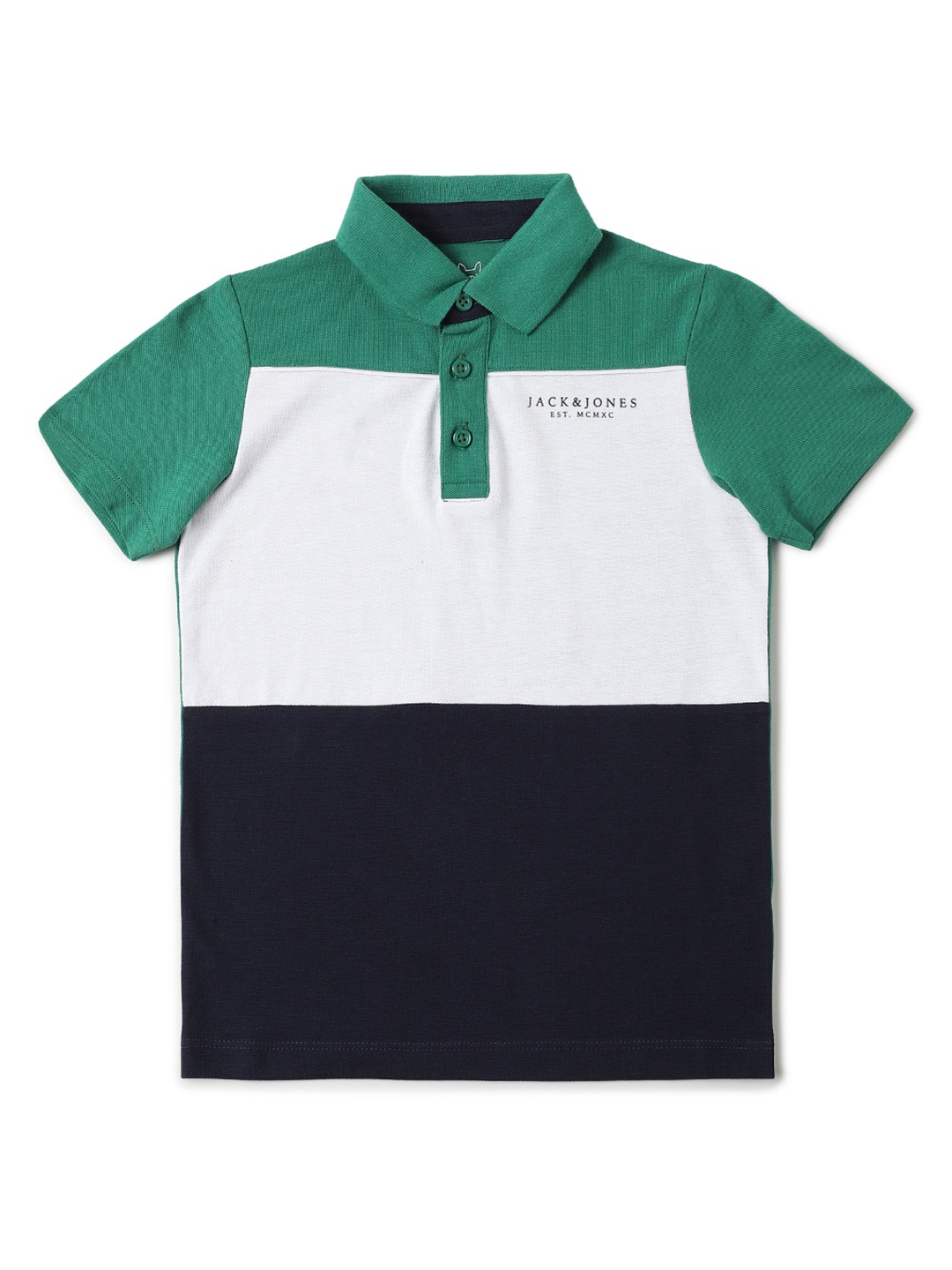 

Jack Jones Boys Green Colourblocked Polo Collar Pure Cotton T-shirt