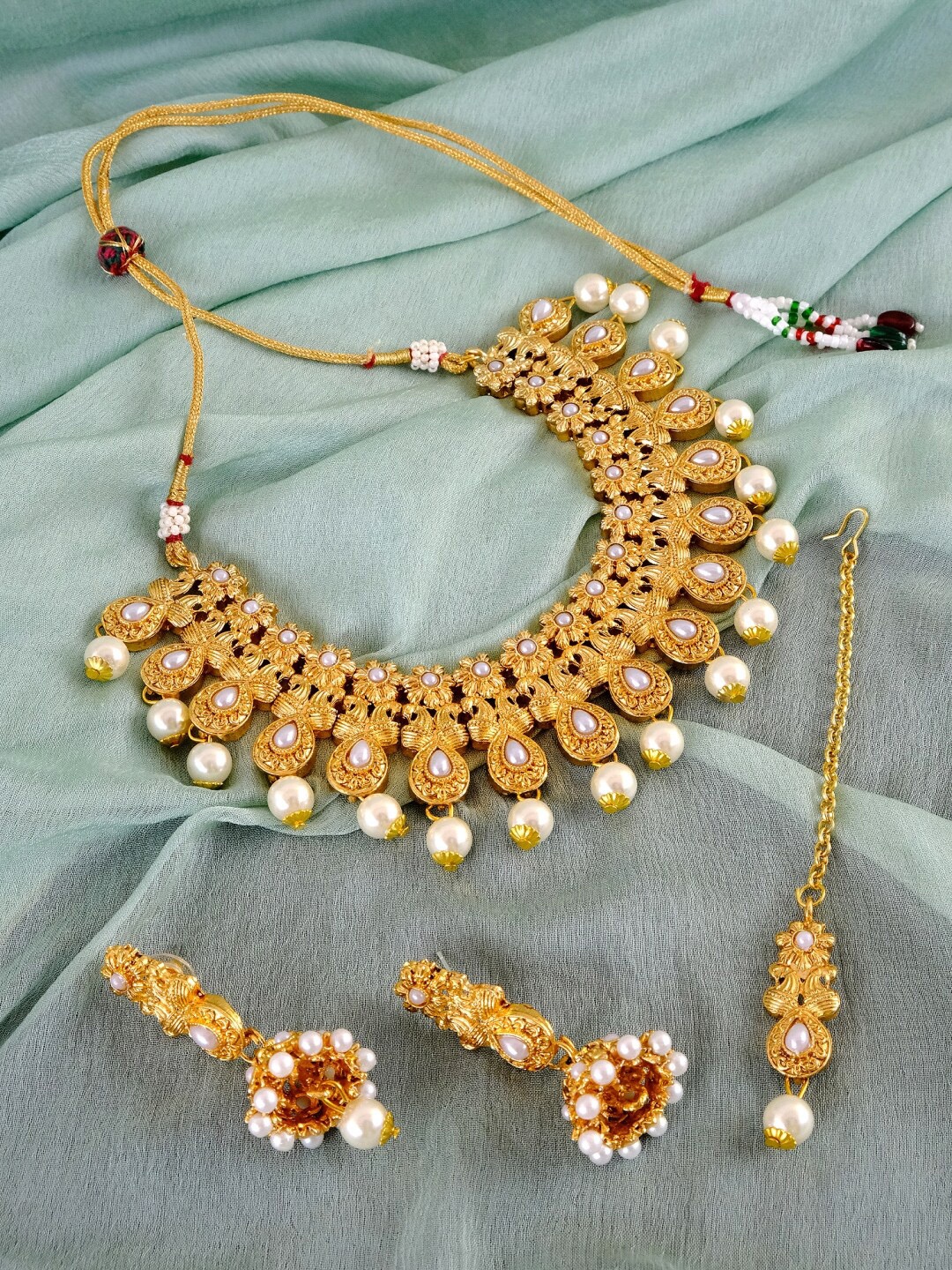 

Crunchy Fashion Gold-Plated & White Kundan-Studded & Beaded Antique Handcrafted Jewellery Set