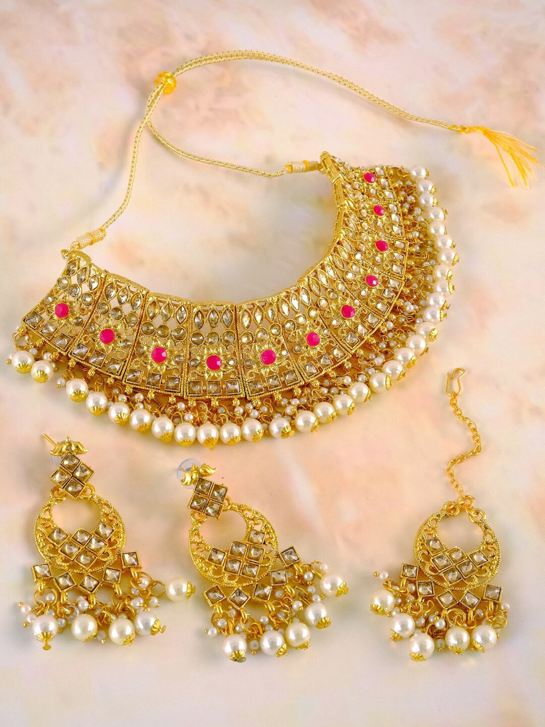 

Crunchy Fashion Gold-Plated White & Pink Beaded & Kundan-Studded Jewellery Set