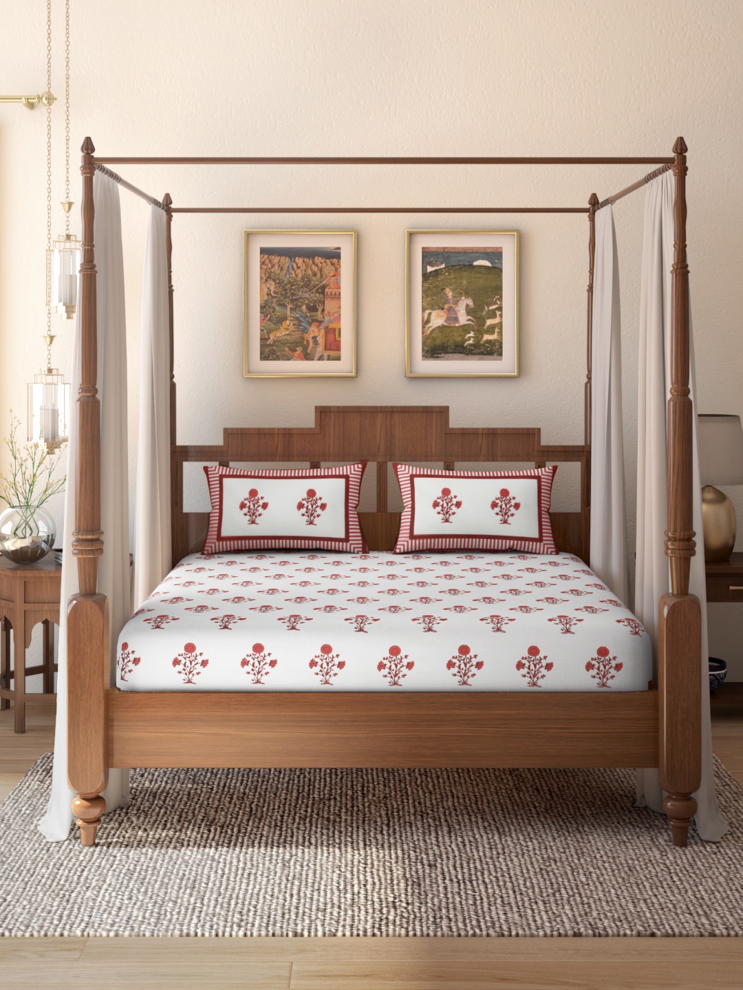 

House of Pataudi White & Maroon Floral Cotton 144TC Rozana King Bedsheet & 2 Pillow Covers