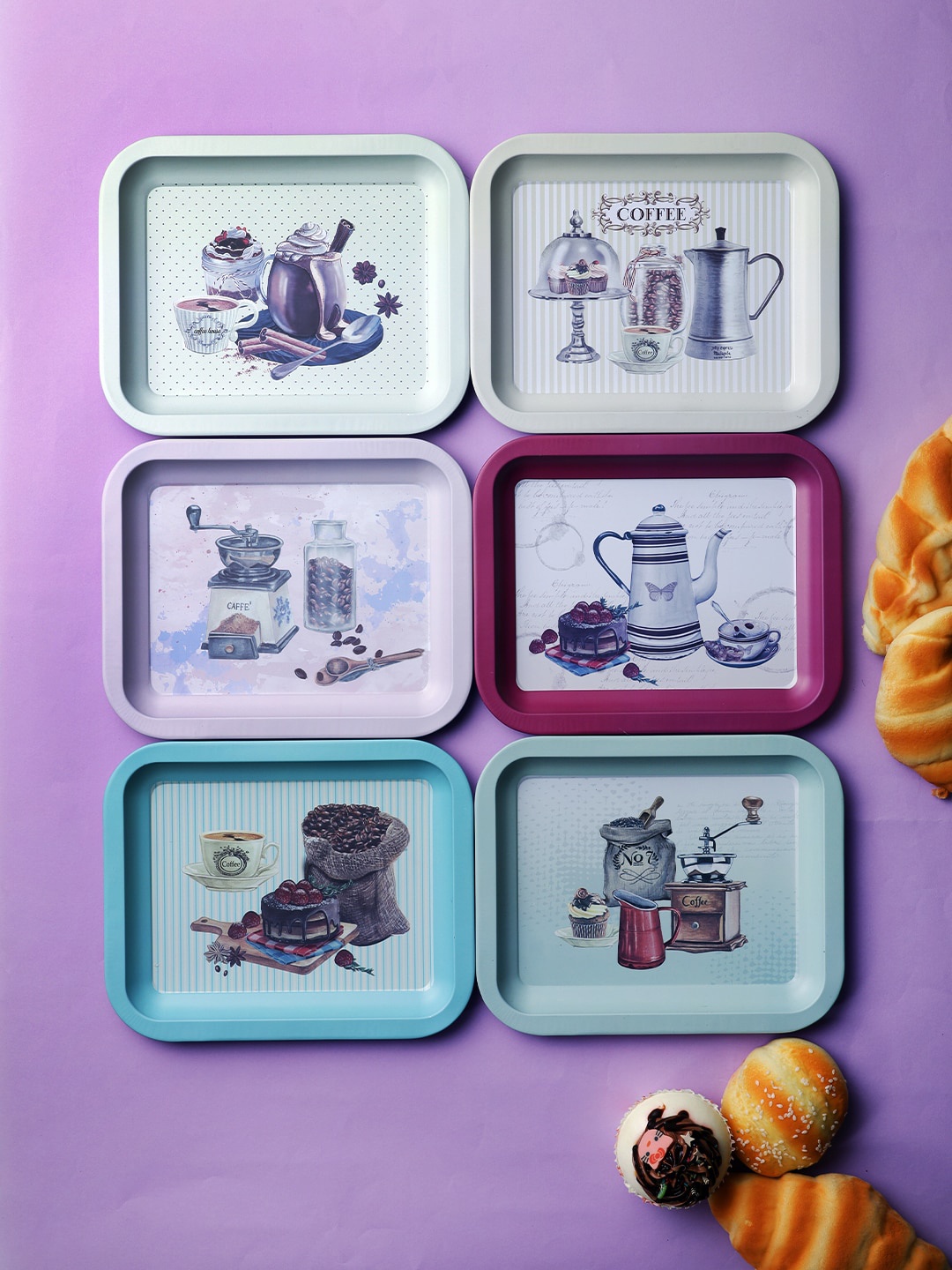 

A Vintage Affair- Home Decor Set Of 6 Printed Tray Set, Blue