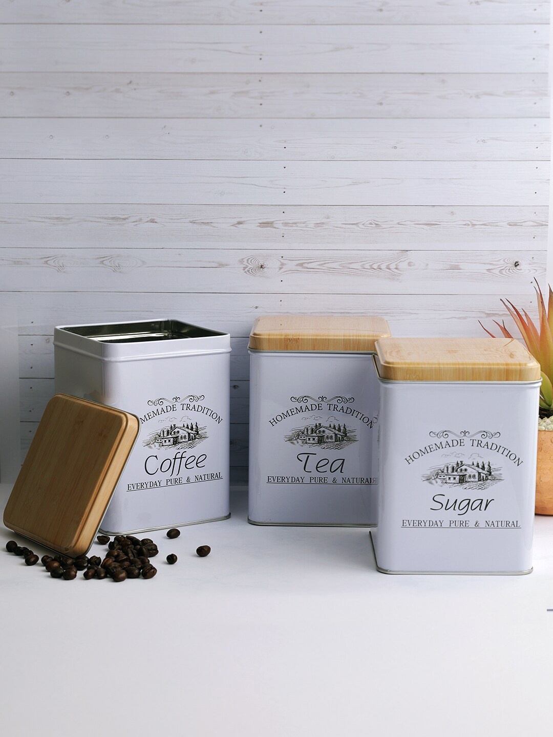 

A Vintage Affair- Home Decor Pack Of 3 White & Tan Brown Metal Storage Jar