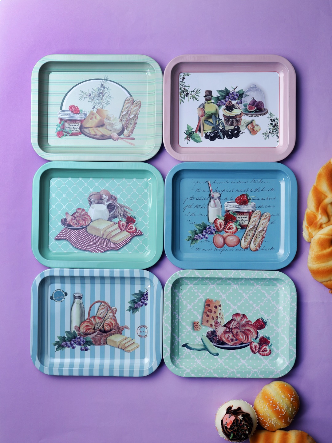

A Vintage Affair- Home Decor Set Of 6 Printed Serving Trays, Blue