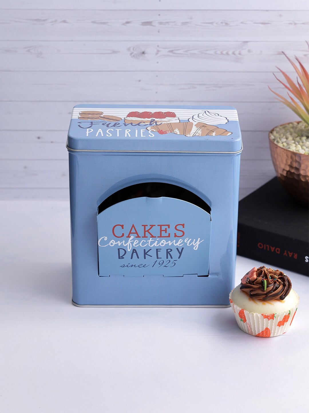 

A Vintage Affair- Home Decor Blue Printed Metal Storage Jar