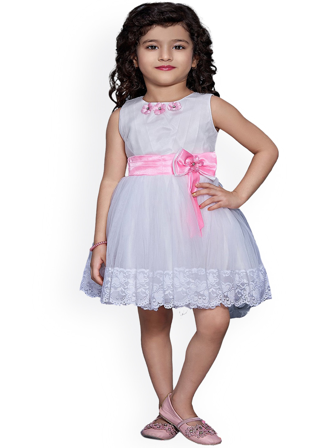

BETTY Girls White and Pink Satin Embellished Fit and Flare Dress with Bow