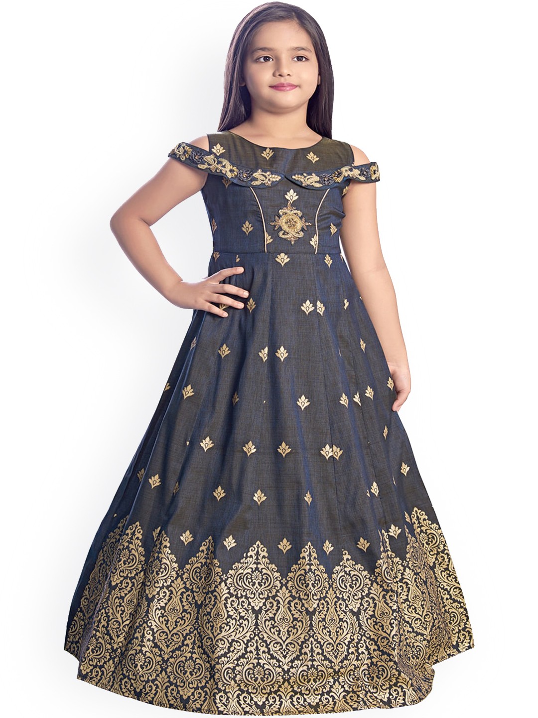 

BETTY Grey & Gold-Toned Ethnic Motifs Jacquard Maxi Dress