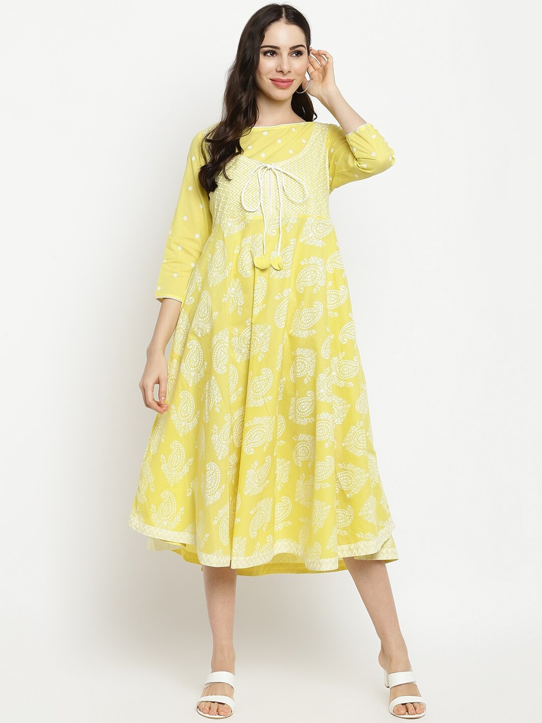 

IMARA Women Yellow & White Ethnic Motifs A-Line Midi Dress