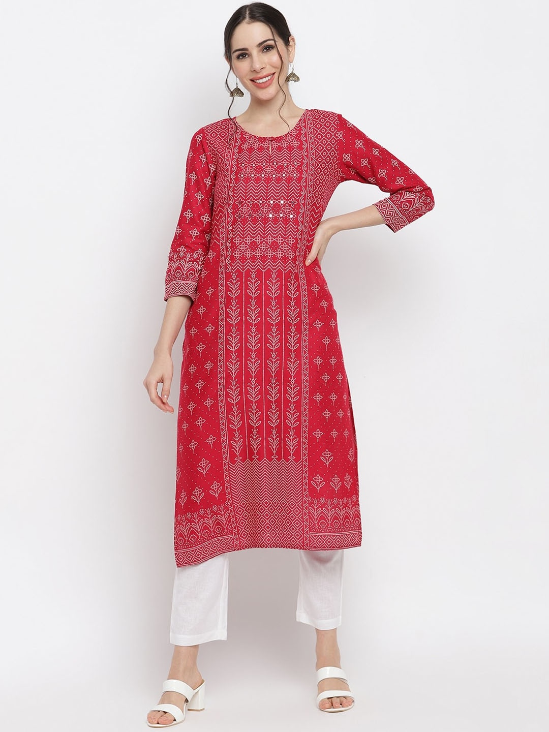 

IMARA Women Red Ethnic Motifs Printed Mirror Work Kurta