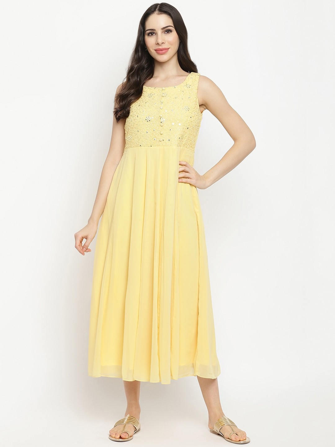 

IMARA Yellow Embroidered Georgette Midi Dress