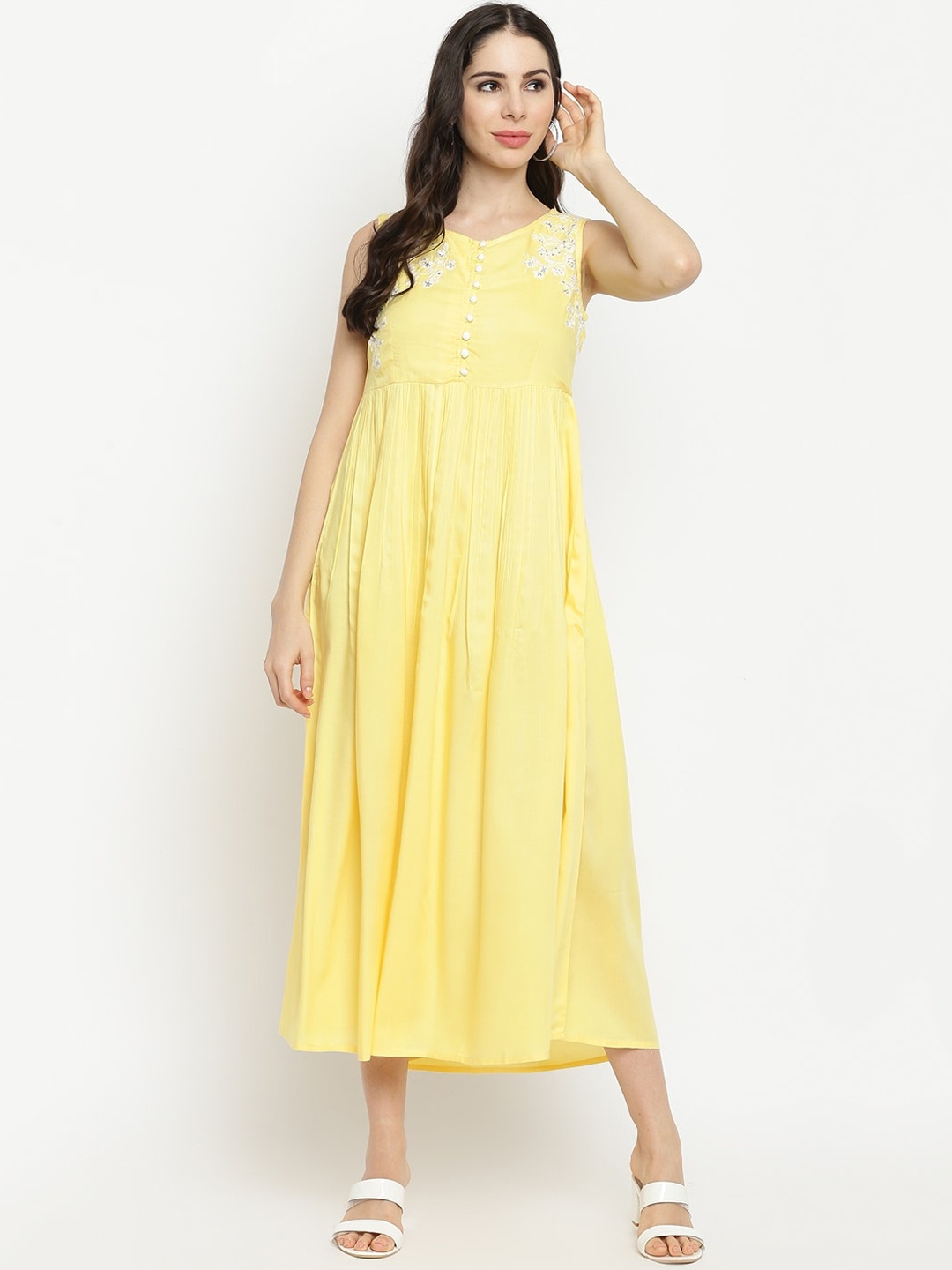 

IMARA Yellow Embroidered Liva Empire Midi Dress