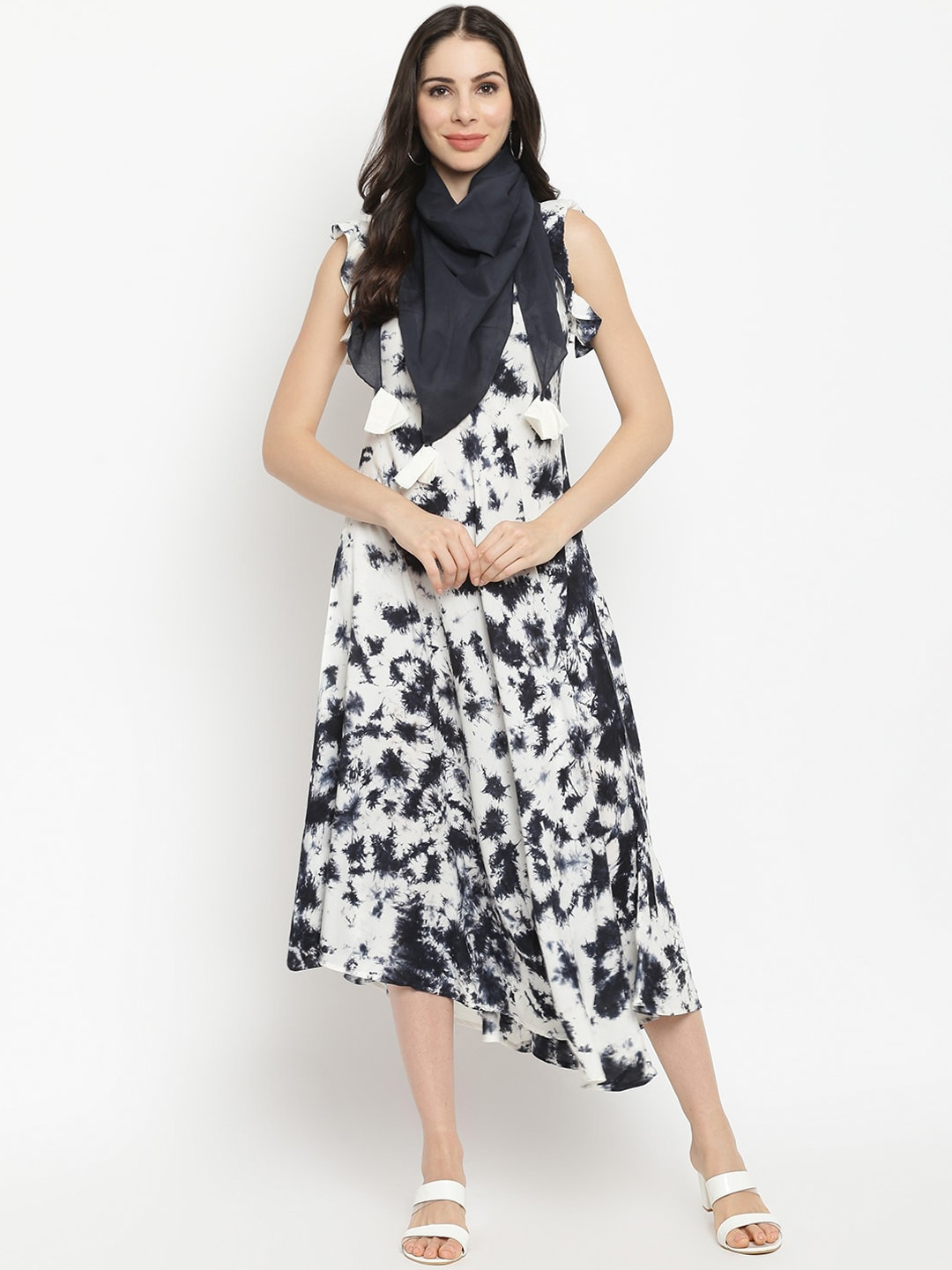 

IMARA White & Black Tie and Dye Liva A-Line Midi Dress