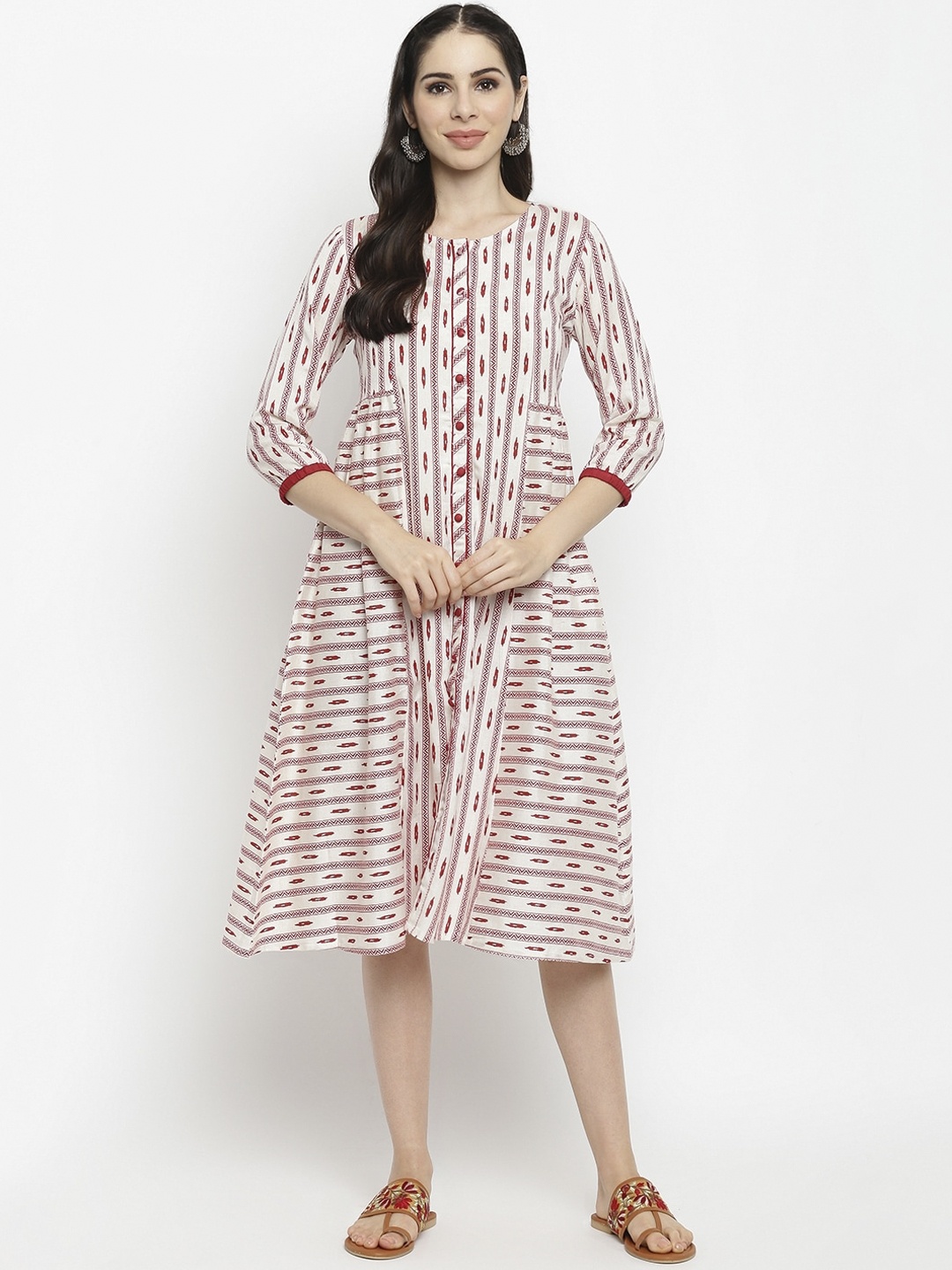 

IMARA Off White & Red Ethnic Motifs Liva A-Line Midi Dress
