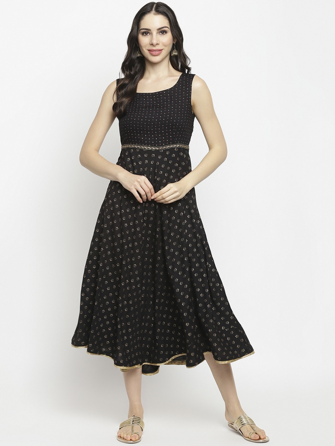 

IMARA Black & Gold Ethnic Motifs Embroidered Liva Empire Midi Dress