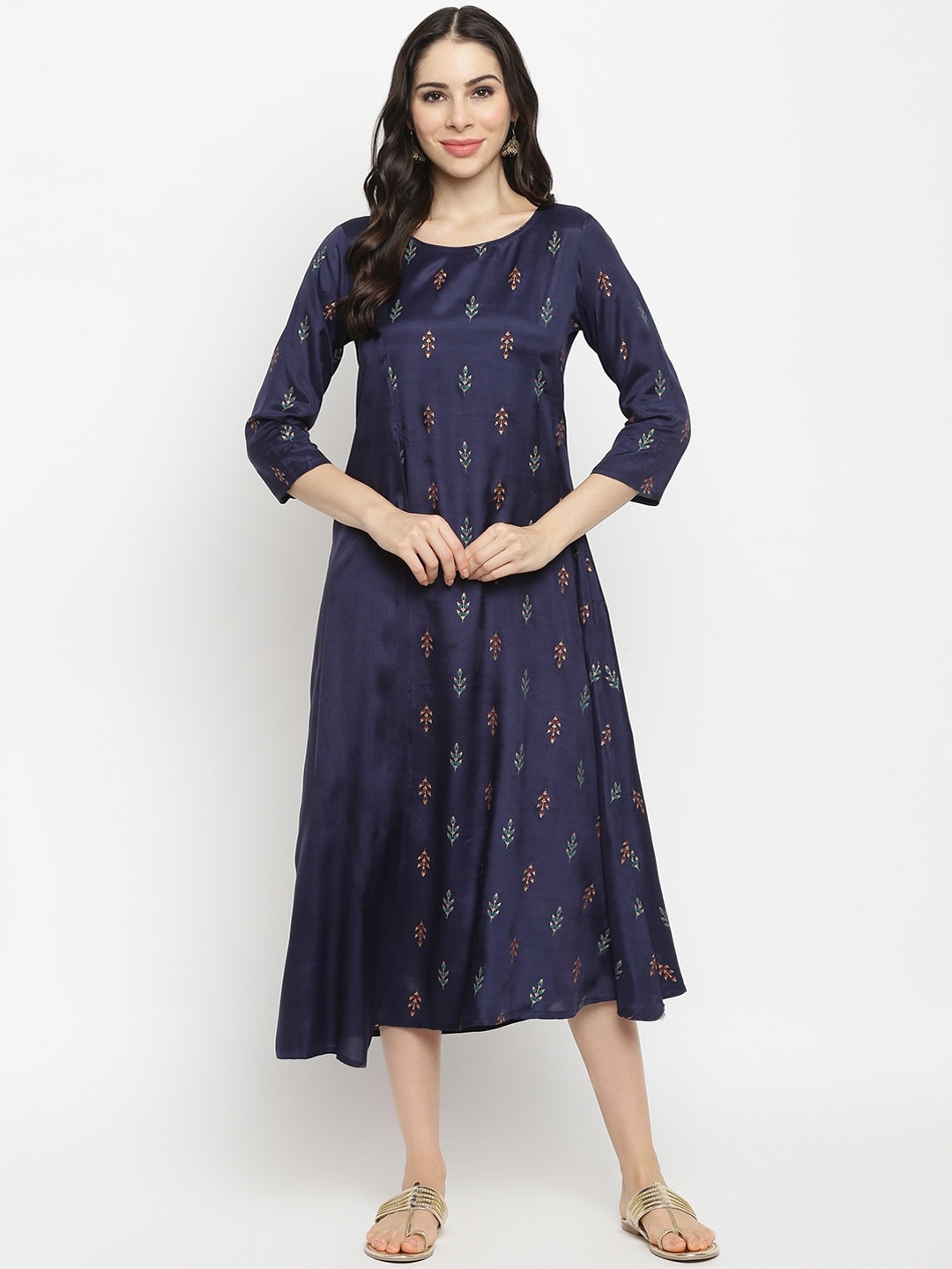 

IMARA Navy Blue Floral Liva A-Line Midi Dress