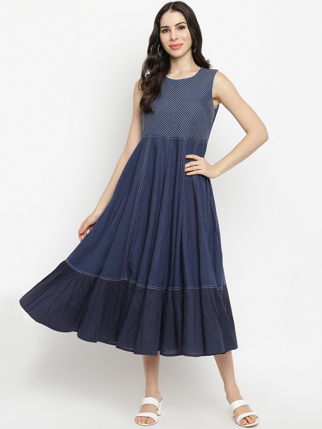 

IMARA Navy Blue Embroidered Fit & Flare Midi Dress