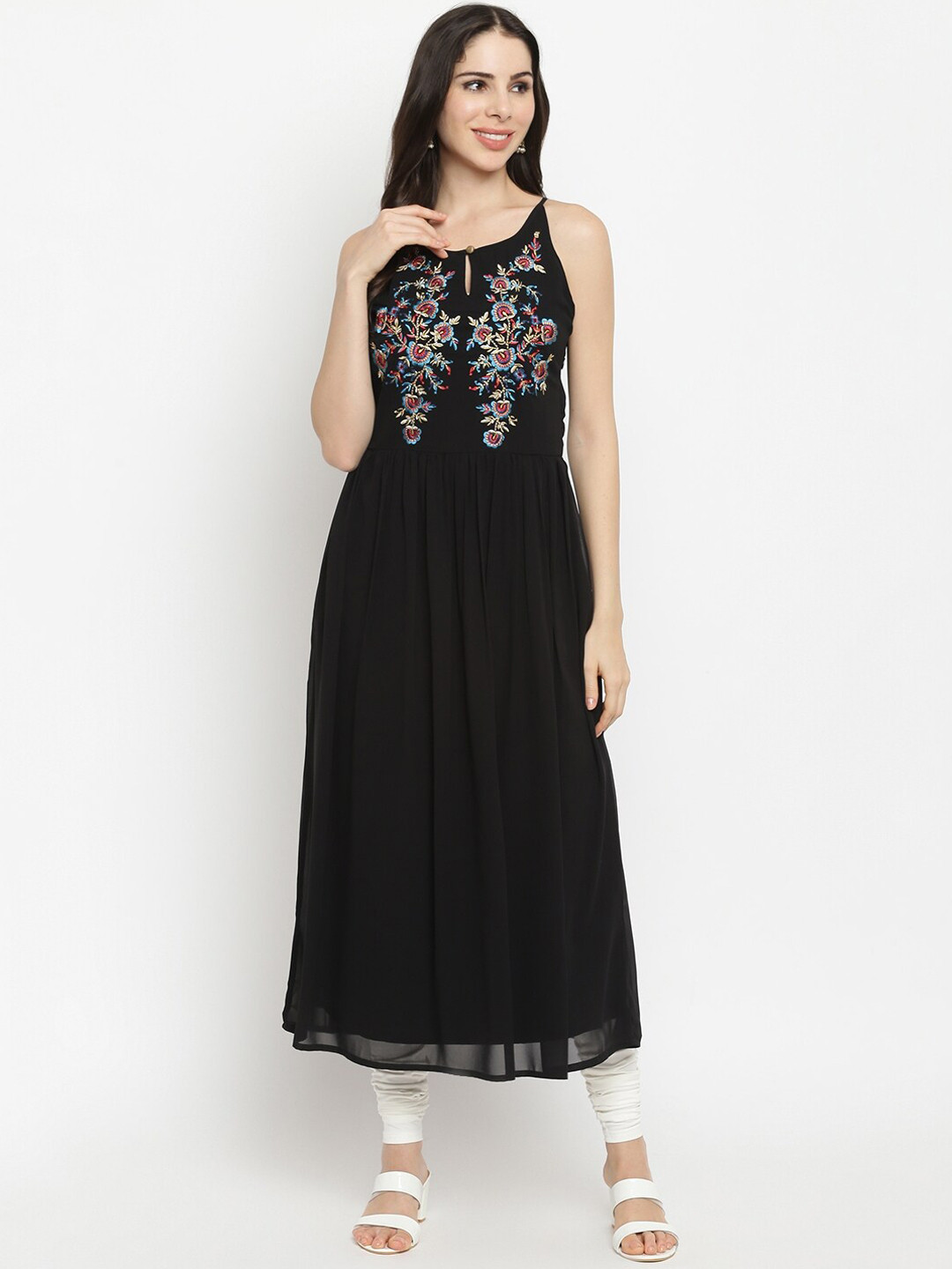 

IMARA Black Floral Embroidered Georgette Midi Dress