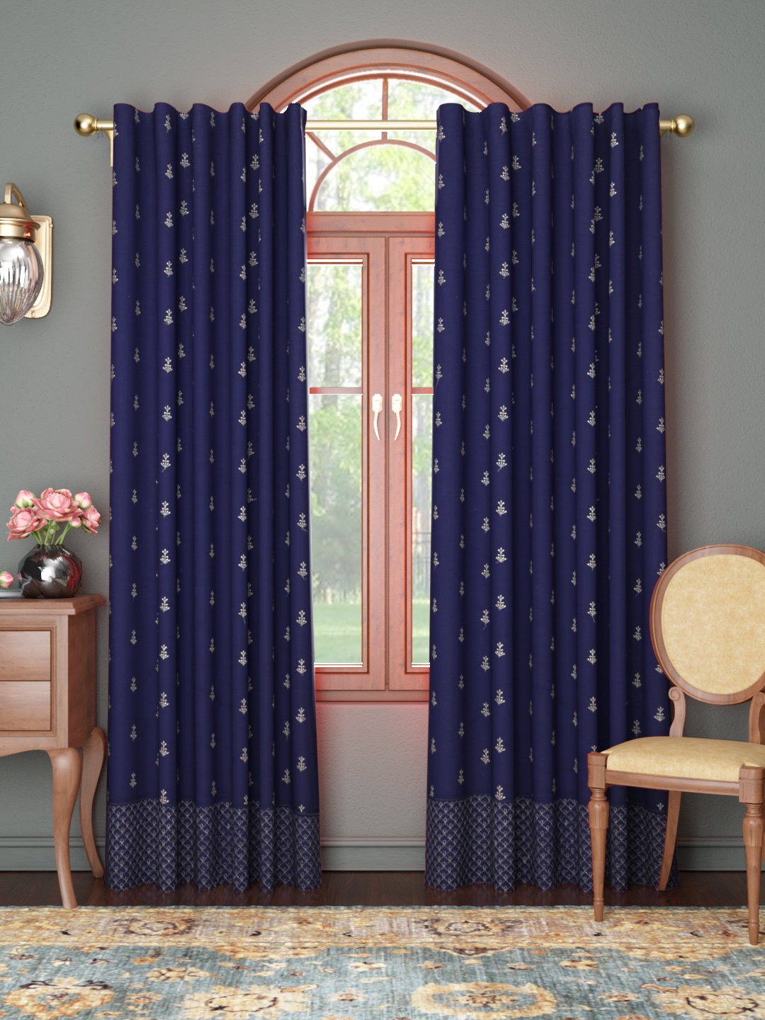 

House of Pataudi Navy Blue & Silver Ethnic Motifs Embroidered Jashn Door Curtain